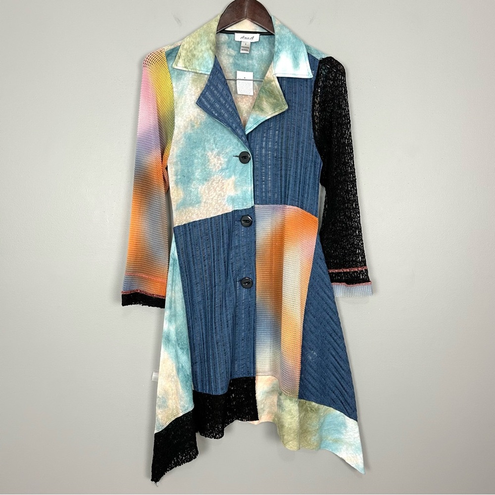 Anis. A Mixed Media Cardigan Sweater Women’s Size S Colorful Art to Wear Lace